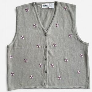 Vintage Northern Reflections Sage Green Knit Purple Embroidered Flowers Vest XL